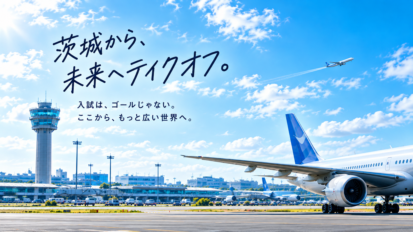 茨城から、未来へテイクオフ。入試は、ゴールじゃない。ここから、もっと広い世界へ。 空港の管制塔と旅客機を背景にしたメッセージ